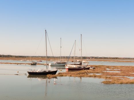 several private big boats parked in estuary with masts; essex; england; UK
