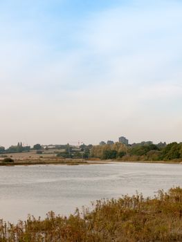 river stream scene autumn empty coast outside water sea essex university towers background; Essex; England; UK