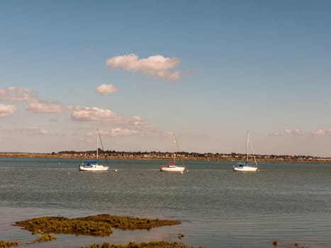 close up of three boats moored in river on bright sunny day ; essex; england; UK