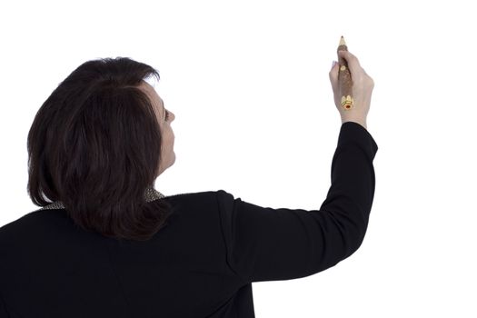 Senior business woman with a pencil on a white background