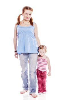 Mother standing with two years daughter isolated on white