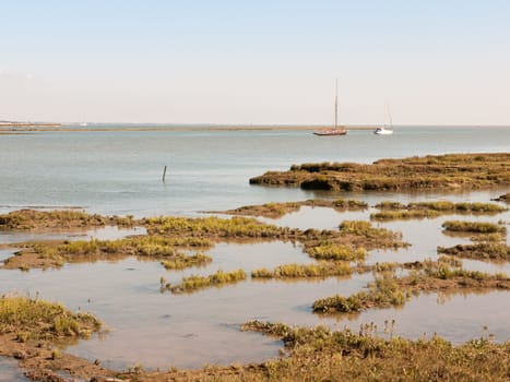 marshland coastal scene essex tollesbury estuary boats in river sea; essex; england; UK