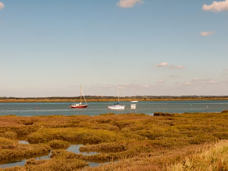 beautiful scene of river with boats grassland in front blue sky and clouds; essex; england; UK