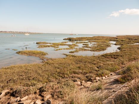 marshland coastal scene essex tollesbury estuary boats in river sea; essex; england; UK