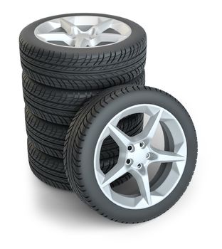 Stack of wheels on white background. 3d illustration