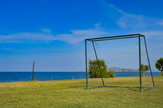 Goal of football on the sand of Maleme beach in Crete