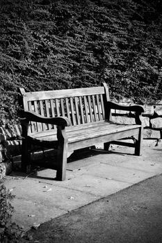 Old wooden bench in park near plants and stones. Richmond, London