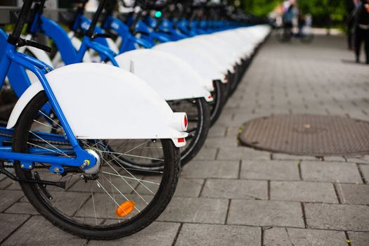 Bicycles from Norwegian bike sharing program Bysykkel (City Bike) are lined up in the streets of Oslo Norway