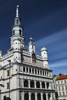 Renaissance town hall with tower clock in Poznan