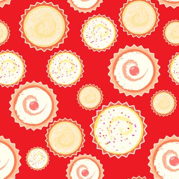 Sweet seamless cape cakes pattern with 3 different cakes on red background.