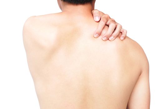 Closeup man hand itching on shoulder and back, healthy care and medical concept