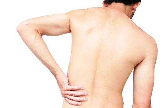 Young man hand holding with backache on white background, health care and medical concept
