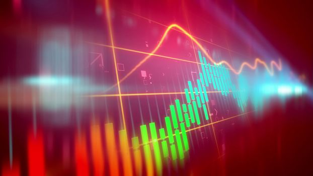 Dazzling 3d illustration of a multicolored business line chart presented diagonally with a choppy index in the blue background. The chart bars are orange, green and blue.