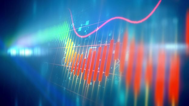 Multilayered 3d rendering of colorful business line charts taken askew in the light blue background with some signs and symbols placed behind. The blured spotlight decorates the illustration