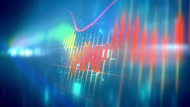 Cyber-spatialism 3d illustration of multicolored business line charts taken aslant in the blue background with some signs and symbols put behind. The blured searchlight bedecks the illustration.