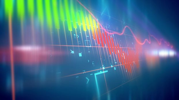 Holographic 3d rendering of multicolored business line charts taken askew in the blue background with some signs and symbols put behind. The hazy spotlight bedecks the illustration.