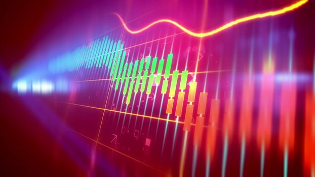Dazzling 3d rendering of a multicolored business line chart placed askew with pink signs at index line in the violet background. The chart bars are bright orange, blue and green.