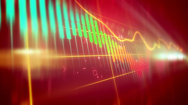 Wonderful 3d rendering of a colorful business line chart presented askew with a shifting index having skyrocketing and tumbling periods in the purple background. The chart bars are multicolored.