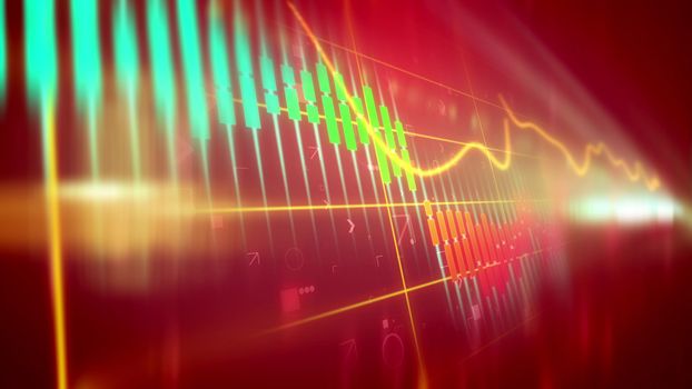 Sparkling 3d illustration of a multicolored business line chart presented diagonally with a rough index in the purple background. The chart bars are orange, green and blue.