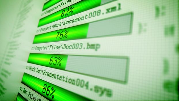 Computer screen 3d illustration of green downloading bars with blinkering digits placed diagonally in the network with a light green background