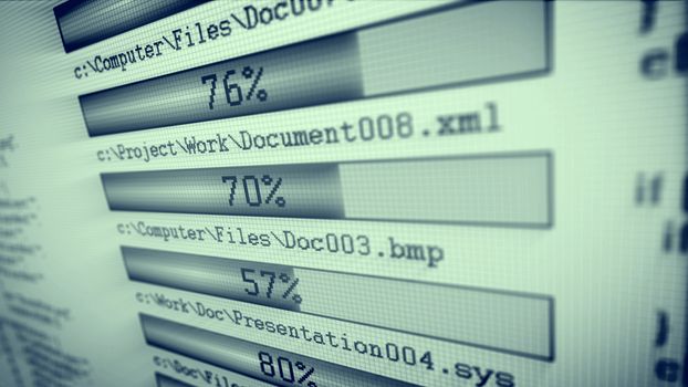 Cyberspace 3d rendering of gray downloading bars with gleaming numbers placed askew in the network with a white background. Computer files of documents are mentioned on the screen.