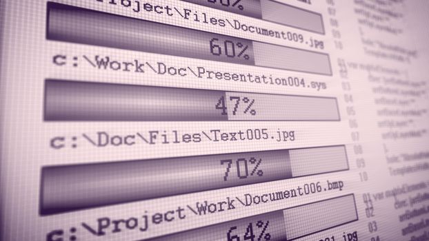 Holographic 3d illustration of gray downloading bars with shimmering numbers placed aslant in the grid with a light pink background. PC files of documents and texts are mentioned on the screen.