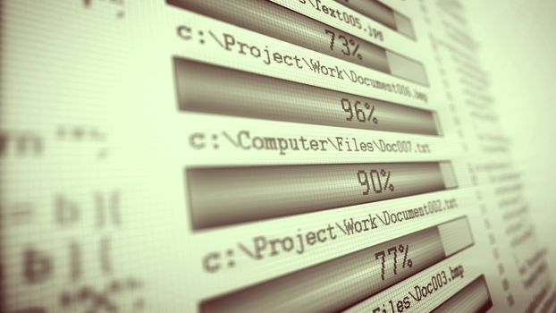 Pop art 3d rendering of gray downloading bars with flashing digits placed askew in the network with a white background. Computer files with texts are shown on the screen