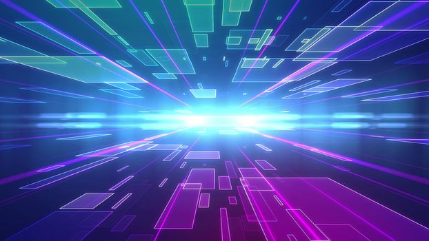 Optical art 3d rendering of a blue and violet background with rushing squares placed on two surfaces of a multilayered cyberspace and moving to a plazma looking star