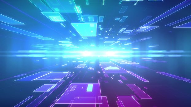 Op art 3d illustration of a blue and violet background with flying squares put on two surfaces of a multifaceted cyberspace and moving to a flashing center with radiant rays