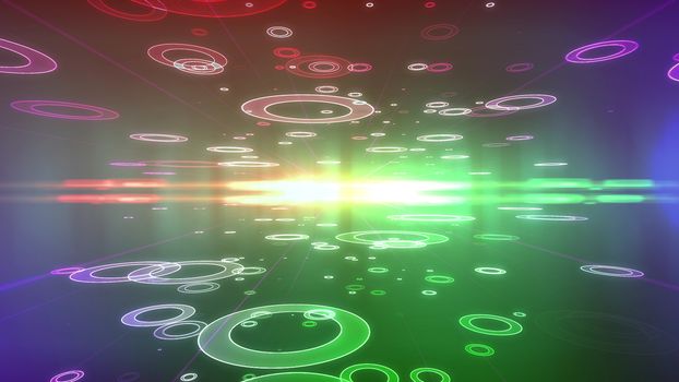 Optical illusion 3d rendering of a violet background with flying saucers of different sizes located on two surfaces of a holographic cyberspace and directing to a shimmering center with luminous rays