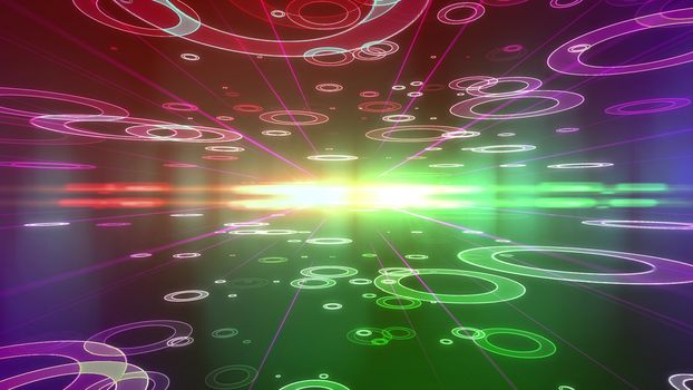 Futuristic 3d illustration of a violet background with spiralling saucers of various sizes placed on two surfaces of a multilayered cyberspace and flying to a shimmering center with bright rays