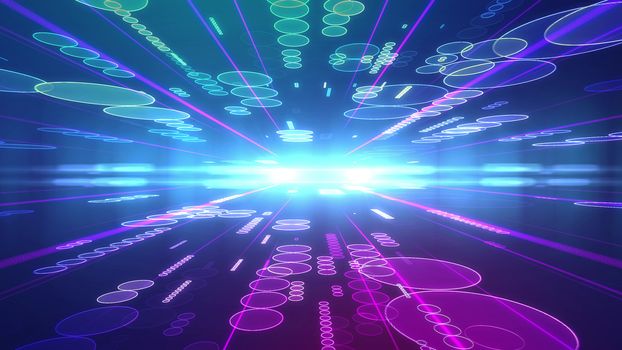 Dreamlike 3d illustration of a violet background with flying lines of saucers of various sizes placed on two surfaces of a multilayered cyberspace and moving to a shining center with bright rays