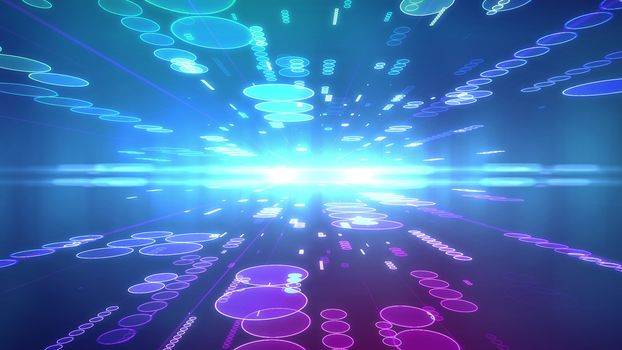 Illusionary 3d rendering of a violet background with rushing rows of saucers of different sizes placed on two surfaces of a multifaceted cyberspace and aiming to a sparkling center with radiant rays