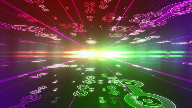 Sci-fi 3d illustration of a violet background with spinning connected saucers of different sizes located on two surfaces of a many-sided cyberspace and rushing to a shining center with glowing rays