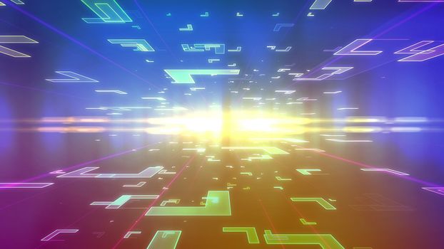 Op art 3d illustration of a blue and violet background with flying corners of diverse sizes located on two surfaces of a holographic cyberspace and dashing to a dazzling center with radiant rays