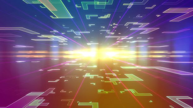3d rendering of a blue and violet background with flying fantastic corners of various sizes on two surfaces of a multilayered cyberspace and flying to a sparkling center with luminous rays