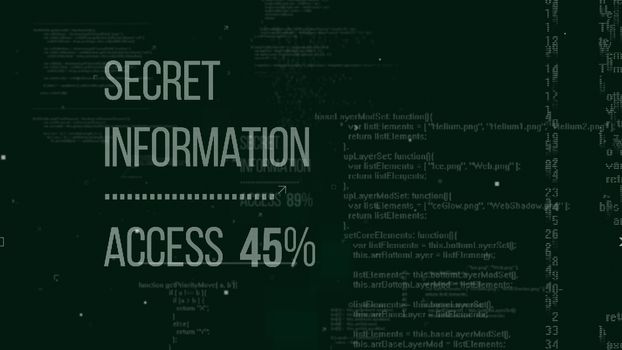 Alpha geek 3d illustration of hackers code with an inscription Secret Information Access 45%. The background is a dark green with matrix style columns of dgits and letters 