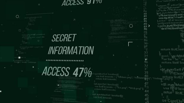 Impressive 3d illustration of hackers code with an inscription Secret Information Access 47%.  The background is a dark green with zeroes, guillemets, and letters 