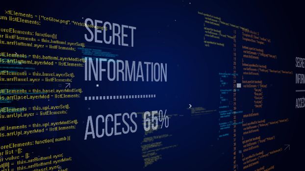 Hush-hush 3d illustration of hackers code with an inscription Secret Information Access 65%. The background is a dark blue with matrix style lines of numbers and letters 