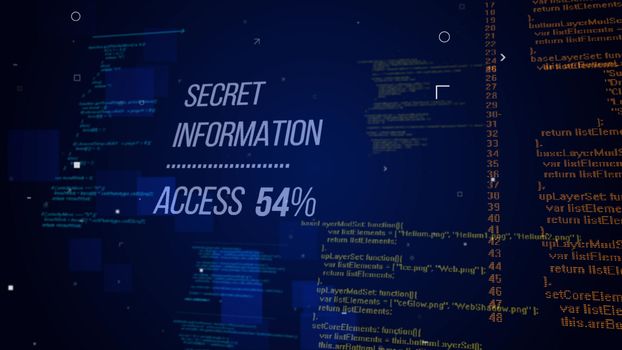 Top secret 3d rendering of hackers code with an inscription Secret Information Access 54% placed askew. The background is a dark blue with numerous columns of digits and letters 