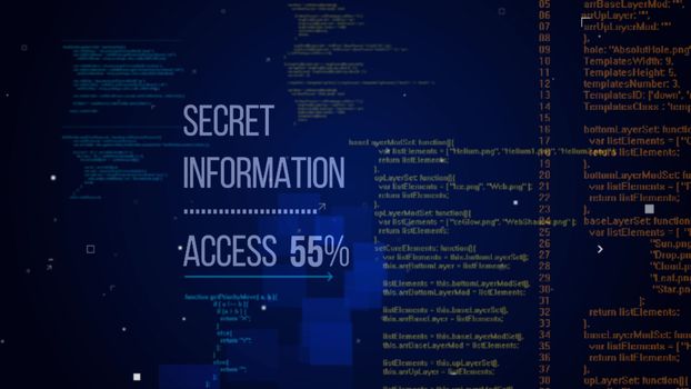Optical illusion 3d rendering of hackers code with a message Secret Information Access 55% put directly. The background is a dark blue with numerous columns of yellow digits and letters 