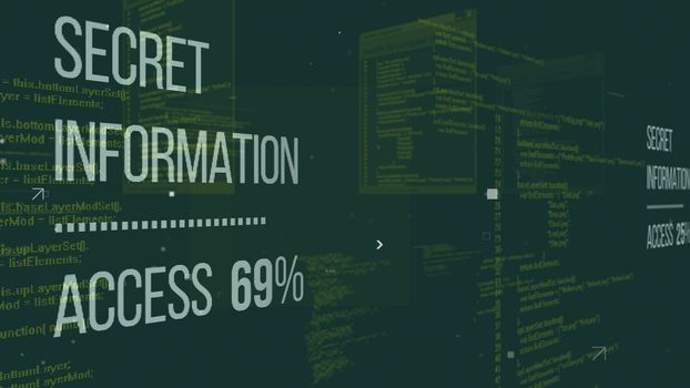 Matrix style 3d rendering of hackers code with an inscription Secret Information Access 69% placed aslant and having sexual subtext.  The background is a dark green with yellow digits 