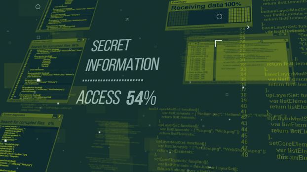 Futuristic 3d rendering of hackers code with an inscription Secret Information Access 54% placed askew and having psychedelic effect. The background is a dark green with yellow texts, and digits 