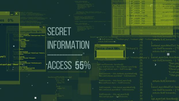 Striking 3d illustration of hackers code with a memo Secret Information Access 55% put directly.  The background is a dark green with numerous columns of yellow digits, letters, texts, arrows 