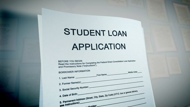 Astonishing 3d illustration of a student loan application presented aslant in the white background on a computer screen. The title is big capital letters. Address, name, date of birth, in lower case.