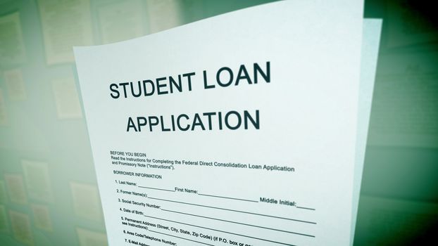 Suprising 3d illustration of a student loan application placed diagonally in the green background on a computer screen. The title is big capital letters. Name, initial, date of birth, in lower case.