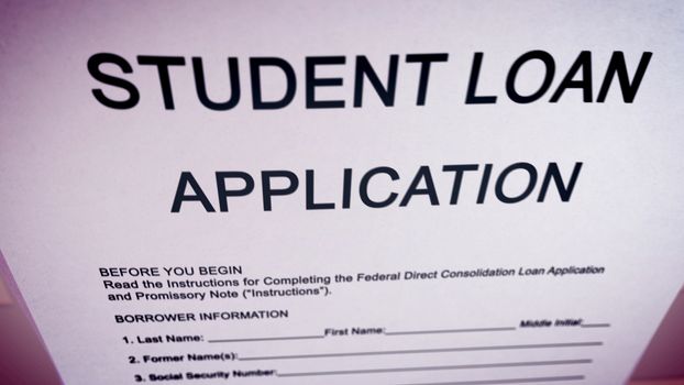 Striking 3d rendering of a student loan application put askew in the pink background on a computer screen. The headline is in big capital letters. Instruction, name, date of birth, are in lower case