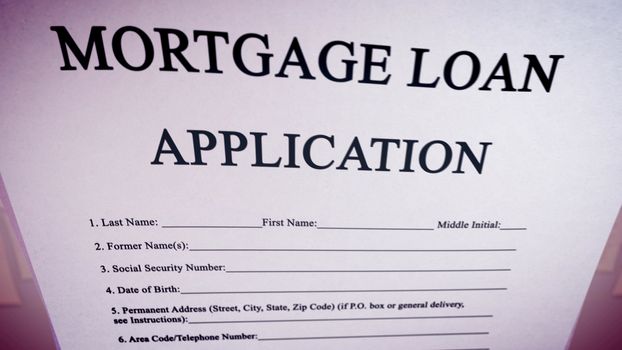 3d illustration of a mortgage loan application put askew in two pages in the violet background on a pc screen. The title is in capital letters. The info about zip and area codes is in lower case.