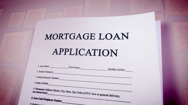 Funny 3d illustration of a mortgage loan application put diagonally in the violet background on a pc screen. The heading is in big capital letters. The additional info is in lower case.