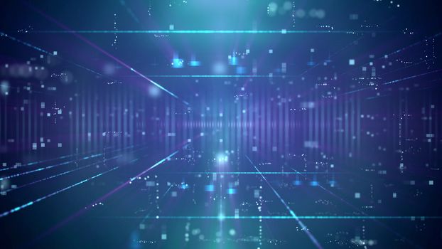 Optical art 3d illustration of an advanced technology cyberspace passage through a portal with reducing squares. The background is blue. It is full of various shining dots and lines.